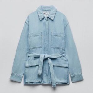 Zara Oversized Cargo Belted Denim Jean Jacket Overshirt Blue